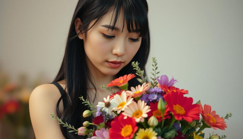 A serene scene of a Japanese-looking young woman, her black hair framing a delicate, thoughtful expression, as she carefully arranges a bouquet of vibrant flowers. The soft lighting creates a warm, inviting atmosphere, highlighting the graceful movements of her hands as she meticulously crafts her floral masterpiece. The background is blurred, drawing the viewer's focus to the skilled artistry of the flower designer, whose innate talent and keen eye for color and composition are evident in every petal and stem. The image conveys a sense of tranquility and the passion that defines the role of a skilled floral designer.