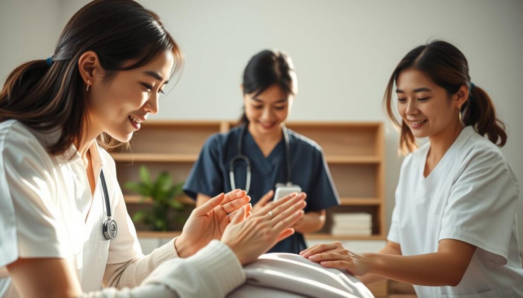 A serene scene of a caregiving team in action, showcasing the essential skills of a dedicated healthcare professional. Three young Japanese-looking individuals, their faces expressive and their movements fluid, demonstrate various caregiving techniques with empathy and precision. Soft natural lighting bathes the scene, creating a calming atmosphere. The foreground depicts hands gently assisting an elderly patient, while the middle ground features attentive listening and gentle guidance. The background subtly hints at a healthcare facility, with clean lines and a sense of order. This image aims to capture the compassion, attentiveness, and technical proficiency required of skilled caregivers.