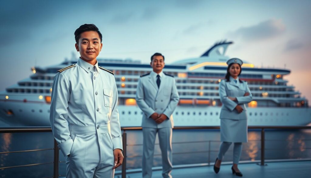 A serene scene of a cruise ship's career path for its professional purser, captured with cinematic lighting and a realistic photographic aesthetic. In the foreground, a young Japanese-looking man in a crisp white uniform stands confidently, representing the entry-level purser position. The middle ground features two more experienced pursers, one in a supervisory role and the other in a leadership position, conveying the upward mobility within this career. The background showcases the grand, luxurious cruise ship, symbolizing the scale and prestige of the industry. The overall mood is one of aspiration, opportunity, and the rewarding nature of a purser's career aboard a prestigious international cruise liner.