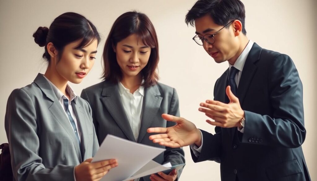 A serene scene of two young Japanese individuals engaged in a thoughtful discussion. In the foreground, a woman in a crisp, professional attire examines a document, her brow furrowed in concentration. Beside her, a man in a smart suit leans in, gesturing animatedly as he explains a point. Their expressions convey a sense of nuanced understanding, highlighting the subtle differences between the acts of proofreading (校正) and copy-editing (校閲). The lighting is soft and natural, creating a warm, subdued atmosphere that invites the viewer to contemplate the intricacies of their roles. The background is simple yet elegantly minimalist, allowing the focus to remain on the individuals and their intellectual exchange.