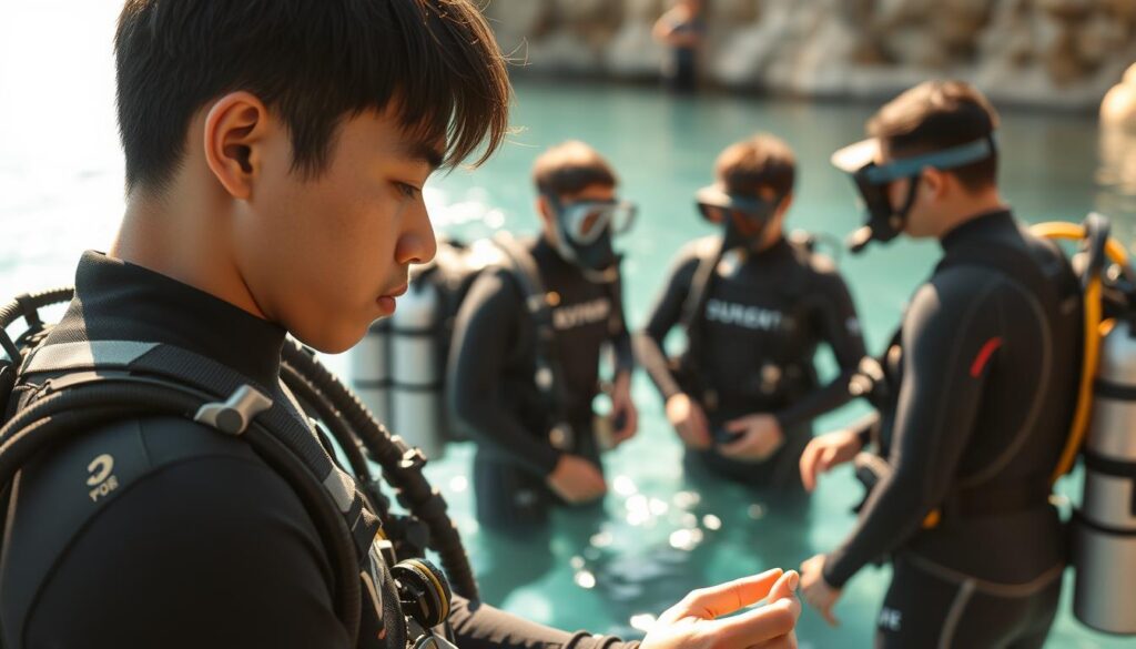 A serene scene of young Japanese divers preparing for their next underwater adventure. In the foreground, a focused individual attentively checks their scuba gear, ensuring everything is in pristine condition. In the middle ground, a group of divers in wetsuits and masks engage in a safety briefing, discussing essential diving techniques and protocols. The background is a tranquil aquatic setting, with sunlight filtering through the crystal-clear waters, creating a warm, inviting atmosphere. The lighting is soft and natural, accentuating the divers' determined expressions and the overall sense of anticipation and excitement for the upcoming dive. The composition is balanced, with a sense of depth and attention to detail, capturing the essence of the diving certification process.