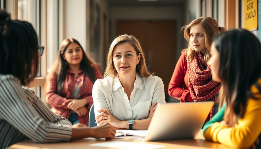 A serene school counselor sits at a desk, engaged in a thoughtful discussion with a group of diverse educators. The scene is bathed in warm, natural lighting, casting a collaborative atmosphere. The counselor's empathetic expression and the teachers' attentive poses convey a sense of mutual understanding and shared responsibility for student well-being. The background is a softly blurred school hallway, hinting at the broader educational context. The overall composition suggests a harmonious, professional partnership focused on supporting the needs of the students.
