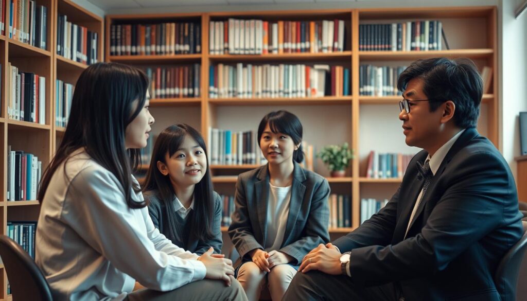 A serene school counselor's office, bathed in warm, diffused lighting. Three young Japanese-looking individuals sit across from each other, engaged in thoughtful discussion. The counselor, dressed in professional attire, listens intently, their face exuding empathy and understanding. Bookcases line the walls, filled with volumes on psychology, child development, and counseling techniques. A sense of trust and confidentiality permeates the scene, capturing the specialized knowledge and expertise required of a skilled school counselor.