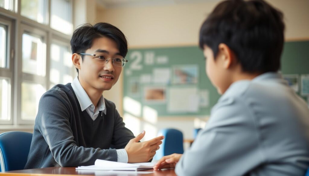 A serene school setting with a young, Japanese-looking counselor sitting at a desk, deep in conversation with a student. Soft, natural lighting filters through the windows, creating a calm and approachable atmosphere. The counselor's expression is one of attentive listening, their body language conveying empathy and understanding. The student appears at ease, engaged in the discussion. The scene captures the professional yet personable nature of the school counselor's role, showcasing the supportive dynamic between the two figures.