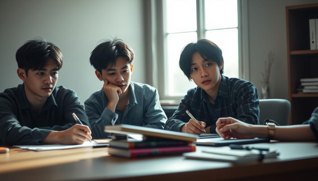 A serene study space, filled with natural light and a sense of focused creativity. Three young, serious-looking Japanese individuals sit at a table, meticulously crafting their narrative. One holds a pen, deep in thought, while another types intently on a laptop. The third gazes off, contemplating the nuances of their story. Subtle shadows and highlights accentuate their intense expressions, conveying the dedication and analytical mindset required of a skilled screenwriter. The background is a muted, minimalist office setting, allowing the characters' personalities to take center stage. Soft, diffused lighting casts a pensive mood, capturing the essence of the "シナリオライター適性と性格特徴."