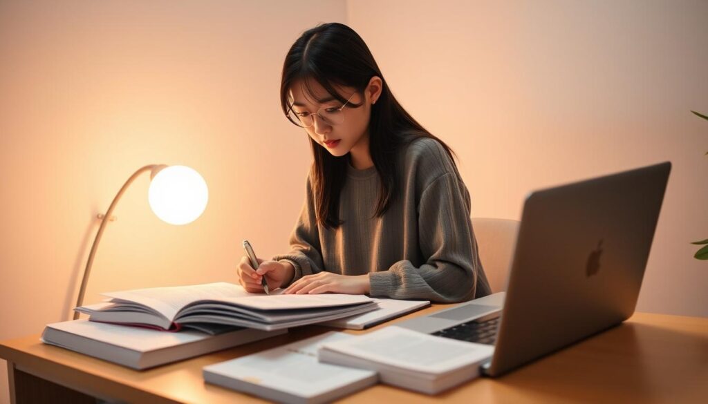 A serene study space with a young, Japanese-looking model intently reviewing course materials for the Interior Coordinator qualification exam. Warm lighting casts a gentle glow, illuminating the desktop brimming with textbooks, notes, and a laptop displaying relevant content. The model's focused expression conveys the dedication and determination required to succeed in this specialized field. The room's clean, minimalist design amplifies the sense of concentration and diligence needed to prepare for this important certification. A subtle, inspirational atmosphere pervades the scene, capturing the essence of the "Preparing for the Interior Coordinator Exam" section.