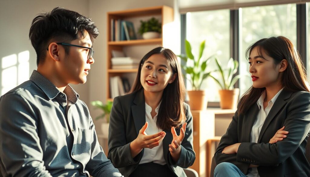 A serene, sun-dappled office setting. Three young, Japanese-looking professionals in smart casual attire are engaged in a collaborative discussion, their expressions reflecting thoughtful focus. Soft natural lighting illuminates the scene, casting gentle shadows and highlights. The foreground features a central figure gesturing animatedly, while the two others listen intently. In the background, a stylish bookshelf and potted plants create a refined, professional ambiance. The overall mood conveys a sense of career growth, mentorship, and the rewarding potential of the nanny profession.