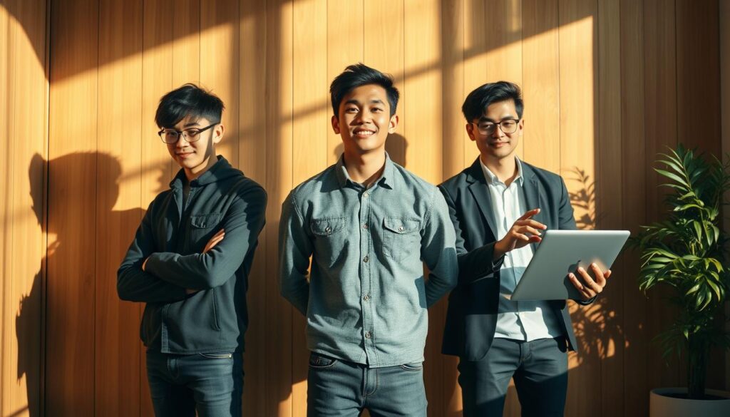 A serene, sunlit office setting. Three young, Japanese-looking engineers stand in a row, their faces filled with determination. The one in the middle gazes confidently ahead, hands on their hips, flanked by their colleagues - one poring over a laptop, the other gesturing animatedly. Soft shadows play across the wood-paneled walls, and a potted plant in the corner adds a touch of greenery. The lighting is natural yet dramatic, capturing the engineers' focused expressions and the sense of progress and growth in their careers. The scene conveys a mood of optimism, teamwork, and the endless possibilities that lie ahead for these aspiring professionals.