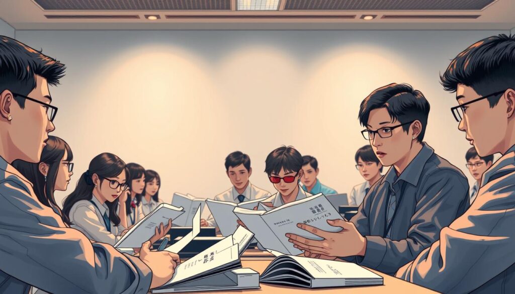 A serene training room, bathed in soft, warm lighting, where a group of diligently focused young Japanese system administrators gather. Their faces, drawn with a realistic photographic quality, are intense with concentration as they meticulously study technical manuals and engage in hands-on exercises. The scene conveys a sense of professionalism, dedication, and a commitment to mastering the essential skills required for their roles. The overall atmosphere is one of a structured, immersive learning environment, primed to equip these individuals with the knowledge and expertise needed to excel as system administrators.