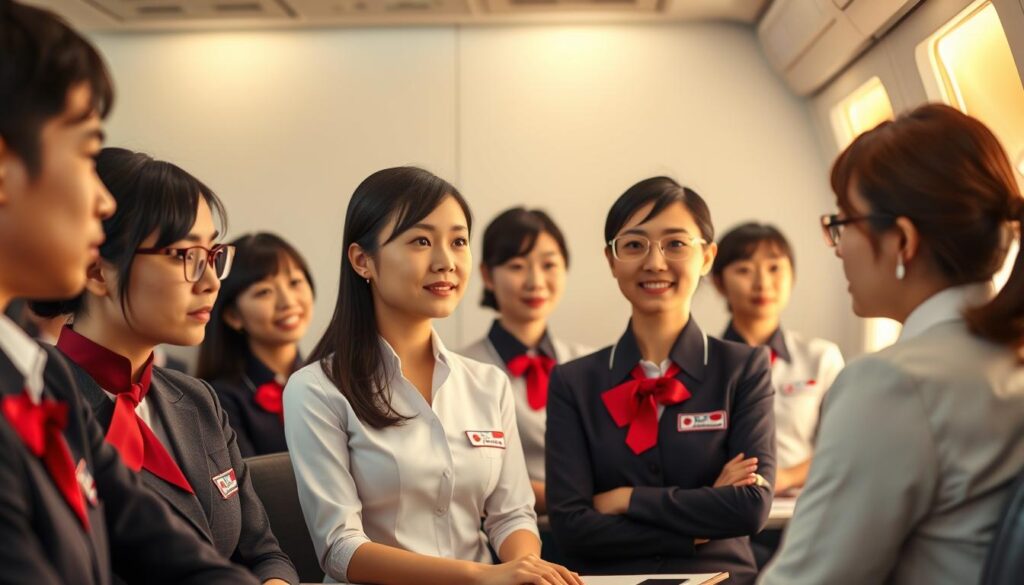 A serene training session for a dedicated team of Japanese flight attendants. The modern classroom setting features a group of young, attentive trainees in professional attire, focused on their instructor's lecture. Warm lighting illuminates the scene, creating a sense of professionalism and diligence. The realistic, photorealistic depiction captures the essence of an intensive, hands-on program designed to hone the skills and knowledge required for this specialized role. The trainees' expressions convey a mix of concentration and enthusiasm as they learn the ins and outs of providing exceptional in-flight service.