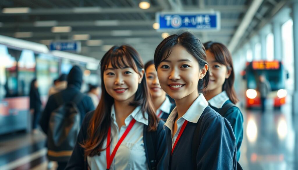A serene, tranquil scene of a bustling bus terminal, where a team of young, Japanese-looking tour guides stand ready to assist passengers. The guides, dressed in professional attire, exude a warm, approachable demeanor, conveying their expertise and enthusiasm for their role. The background is softly lit, with a sense of depth and perspective, highlighting the dynamic nature of the industry. The guides are positioned in the foreground, their faces capturing a sense of optimism and promise, reflecting the promising future of the bus guiding profession. The overall atmosphere is one of professionalism, efficiency, and a commitment to providing an exceptional experience for travelers.