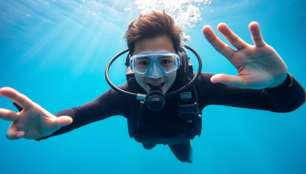 A serene underwater scene showcases a professional diving instructor, their youthful Japanese features exuding expertise and calm. Clad in a wetsuit, they skillfully demonstrate a variety of techniques - hand signals, equipment checks, and safety protocols. Beams of sunlight pierce the clear blue waters, illuminating the instructor's graceful movements as they guide their students through the tranquil marine environment. The image conveys the instructor's mastery of both technical and interpersonal skills, essential for ensuring a safe and enriching diving experience.