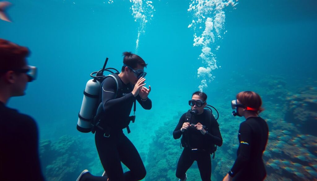 A serene underwater scene showcasing a Japanese diving instructor guiding a small group of students. The instructor, dressed in a wetsuit and equipped with diving gear, demonstrates proper techniques with calm authority. Their students, also in wetsuits, observe attentively. The azure waters are illuminated by soft, natural lighting, creating an atmosphere of tranquility and focus. In the background, vibrant coral reefs and schools of tropical fish create a lush, captivating undersea environment. The composition emphasizes the instructor's role in imparting knowledge and skills, capturing the essence of their important work.