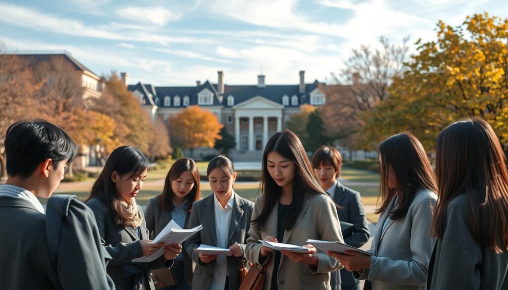A serene university campus on a crisp autumn day. In the foreground, a group of young, focused Japanese individuals gathered for a job recruitment exam preparation session. Dressed in professional attire, they diligently review course materials and practice mock interview questions under warm, diffused lighting. The middle ground showcases the picturesque campus, with its elegant architecture and verdant foliage. In the background, a clear blue sky with wispy clouds completes the tranquil atmosphere, evoking a sense of academic excellence and promising career opportunities. The scene captures the essence of university staff recruitment, radiating professionalism, determination, and the promise of a fulfilling future.
