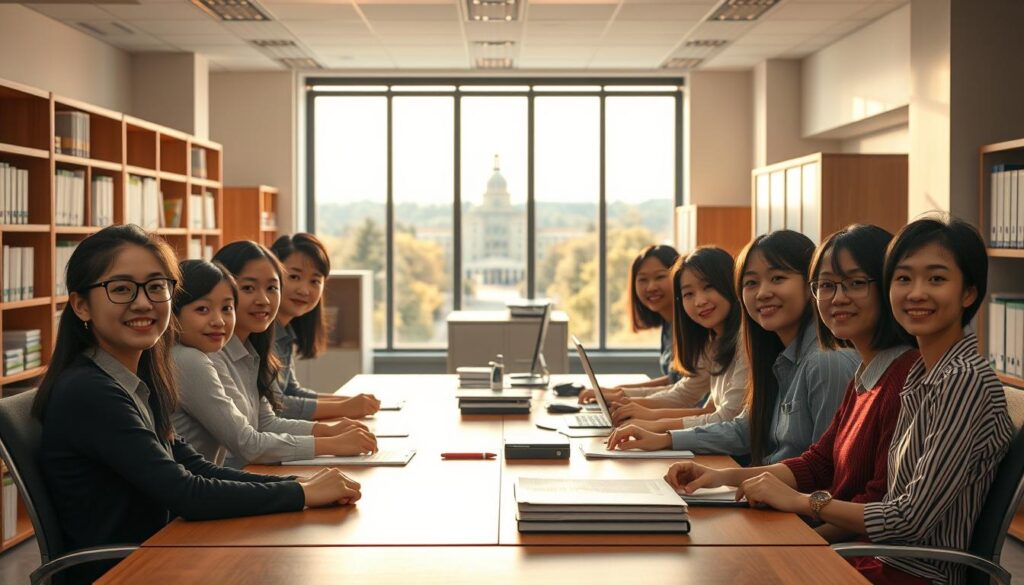 A serene university office setting, bathed in warm, natural lighting. In the foreground, a diverse group of diligent, young Japanese-looking staff members collaborating at a long wooden desk, their expressions focused yet calm. In the middle ground, an orderly arrangement of shelves and filing cabinets, hinting at the administrative responsibilities they carry out. The background depicts a picturesque campus view through large windows, suggesting a sense of academic prestige and intellectual stimulation. The overall atmosphere conveys a professional, yet approachable work environment well-suited for individuals with strong interpersonal skills, attention to detail, and a commitment to supporting the university's mission.