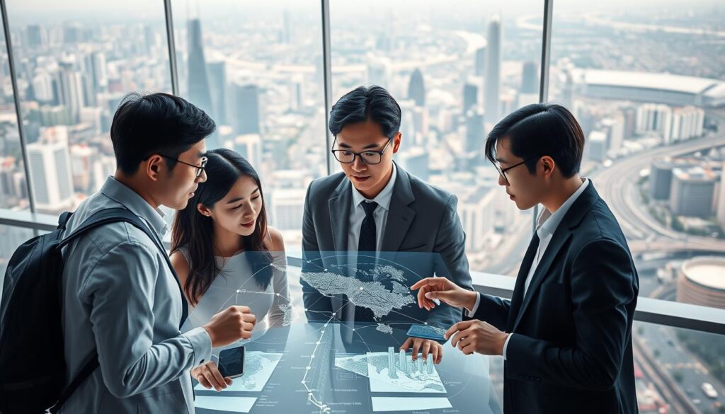 A serene urban landscape with a team of young, Japanese-looking city planning consultants gathered around a holographic display, analyzing intricate data visualizations. Soft lighting illuminates their focused expressions as they collaborate, their sleek attire and modern office setting conveying an air of professionalism and expertise. The background features a panoramic view of a bustling metropolis, its towering skyscrapers and winding roads hinting at the complex challenges they navigate. The scene captures the analytical and strategic nature of the consultants' work, their collective effort to shape the future of the city.