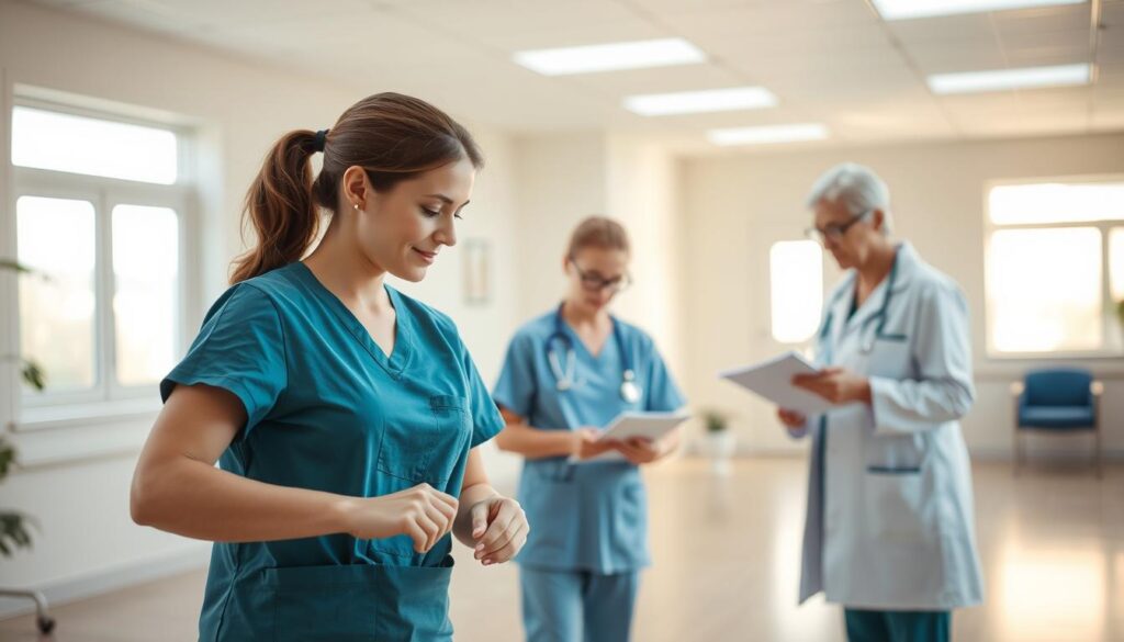 A serene, well-lit healthcare facility, showcasing the seamless flow of caregiving activities. In the foreground, a young, compassionate caregiver assists an elderly patient, guiding them through a rehabilitation routine with gentle, attentive movements. In the middle ground, another caregiver documents observations, collaborating with a healthcare professional to plan the patient's personalized care. In the background, the scene is bathed in warm, natural lighting, conveying a sense of tranquility and professionalism within the care environment. The overall atmosphere exudes a harmonious blend of empathy, expertise, and dedication, reflecting the essential elements of the caregiving journey.