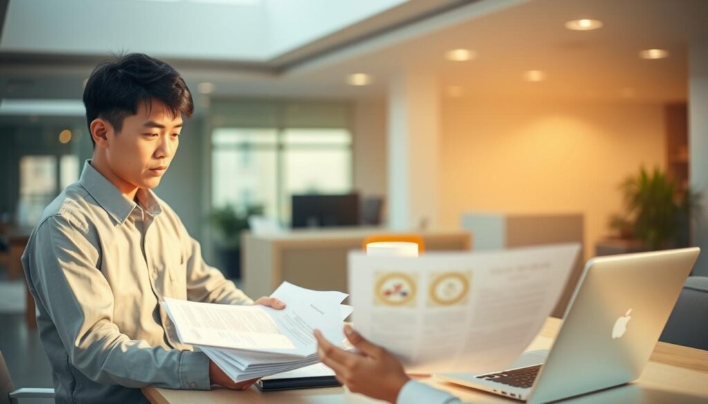 A serene, well-lit indoor setting showcasing the step-by-step process of obtaining a pest control certification. In the foreground, a young Japanese man in professional attire reviews study materials, his expression focused and determined. In the middle ground, a desk displays various documents, certificates, and a laptop - the tools needed to navigate the certification requirements. The background softly fades into a clean, modern office environment, conveying a sense of educational advancement and career progression. Warm, natural lighting illuminates the scene, creating a tone of professionalism and success.