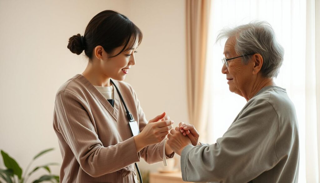 A serene, well-lit interior setting showcasing a professional caregiver assisting an elderly Japanese patient with their daily personal care routine. The caregiver, a young, dark-haired Japanese individual, is gently and respectfully supporting the patient while maintaining their dignity. The scene captures the intimate yet compassionate nature of the interaction, with a focus on the caregiving techniques and the patient's comfort. The lighting is soft and natural, creating a warm and calming atmosphere. The overall composition emphasizes the care, attention, and skill required in this specialized field of healthcare.