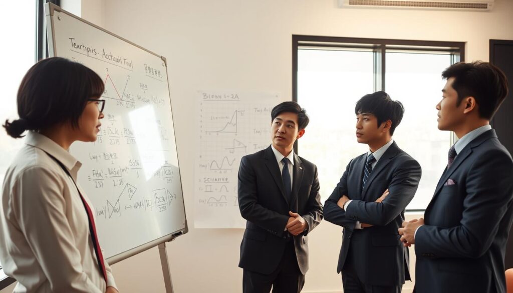 A serene, well-lit office setting with a large whiteboard displaying intricate mathematical equations and diagrams. Three young, earnest-looking Japanese professionals in formal attire are gathered around the board, deeply engaged in a discussion, their expressions thoughtful and focused. Soft natural lighting filters through large windows, casting a warm glow on the scene. The overall atmosphere conveys a sense of intellectual rigor and collaborative problem-solving, reflecting the specialized nature of actuarial science.