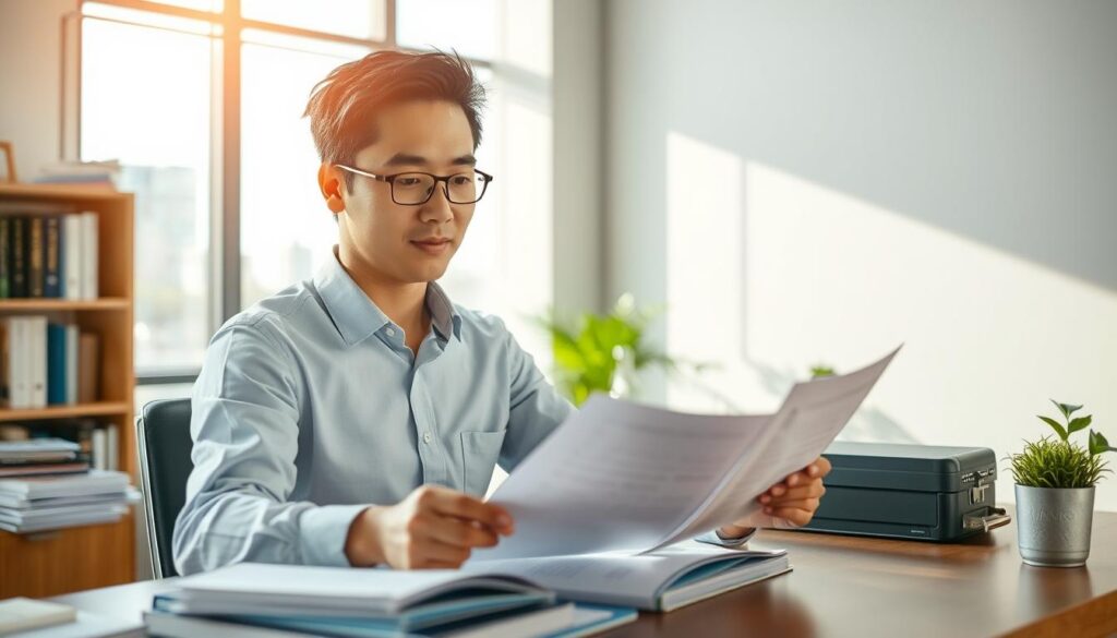 A serene, well-lit office setting with a young, professional-looking Japanese man sitting at a desk, examining documents and forms. The room is filled with natural light, creating a warm and inviting atmosphere. In the background, a bookshelf and a window overlooking a cityscape provide a sense of context. The man's expression conveys focus and determination as he navigates the process of obtaining a pilot's license, a crucial step in the journey to becoming a pilot. The overall scene captures the essence of the "Pilot License Acquisition Process" and the dedication required to achieve this important milestone.