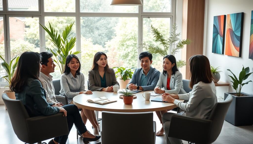 A serene, well-lit office space with large windows overlooking a tranquil garden. A group of young, Japanese-looking color therapists sit around a circular table, engaged in animated discussion. Soft, natural lighting filters in, creating a calming atmosphere. The therapists wear professional attire and have an air of expertise, their expressions focused and thoughtful. Potted plants and color-themed artwork adorn the walls, reinforcing the soothing, therapeutic ambiance. The scene conveys a collaborative, progressive workplace environment where the color therapists can thrive in their practice.