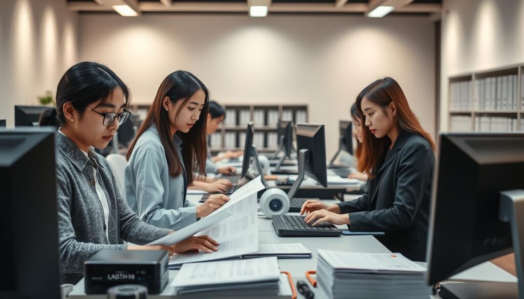 A serene, well-lit office space with sleek, modern furniture and equipment. In the foreground, a group of young, Japanese-looking professionals diligently engaged in the digitization process - carefully scanning and organizing documents, with focused expressions on their faces. The middle ground features state-of-the-art computer systems and high-resolution scanners, conveying the technical expertise required. In the background, a clean, minimalist aesthetic with hints of natural light filtering in, creating a calm and productive atmosphere. The scene exudes a sense of efficiency, organization, and the important role archivists play in preserving and digitizing valuable information.