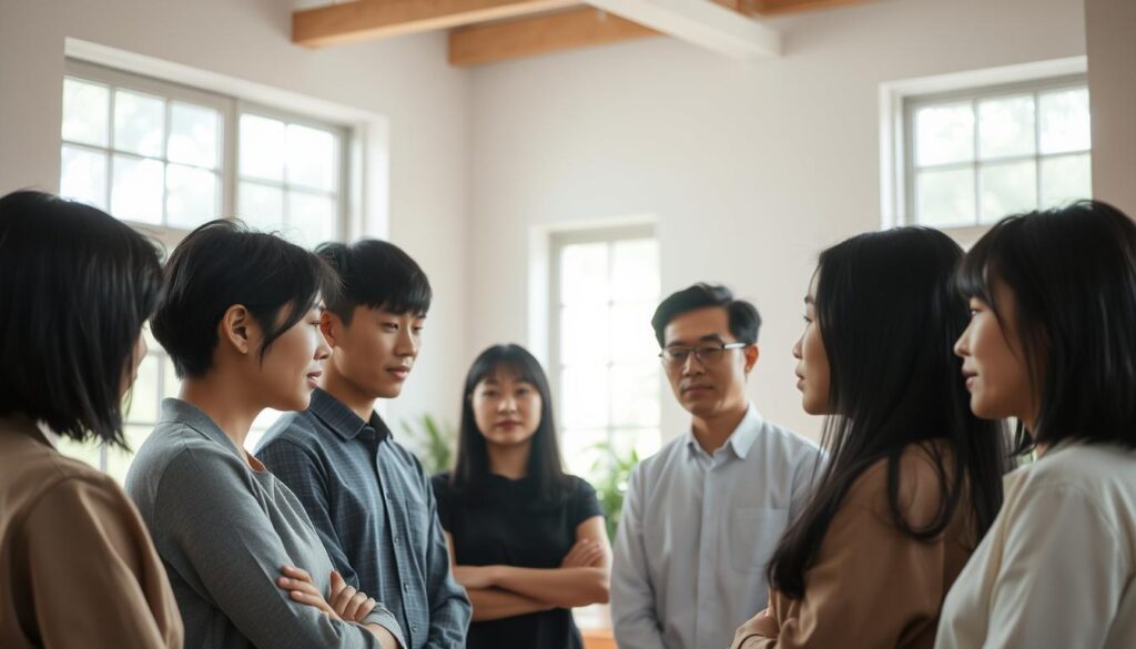 A serene, well-lit room with natural lighting cascading through large windows. In the center, a group of young, Japanese-looking individuals with black hair are gathered, engaged in deep contemplation and discussion. Their expressions convey a sense of focus, empathy, and a deep understanding of the human body. The scene emanates a calming, professional atmosphere, hinting at the holistic knowledge and intuitive touch required of an exceptional chiropractor. The camera angle is slightly elevated, capturing the interactions and dynamics between the figures, showcasing their adaptability, patience, and strong interpersonal skills - the hallmarks of a skilled and compassionate practitioner.