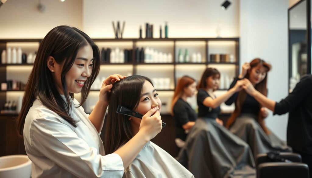 A serene, well-lit salon interior with a focus on the beauty professionals at work. In the foreground, a young, Japanese-looking stylist in a crisp white smock attentively trims the hair of a content-looking client, their expressions conveying the care and skill of the beautician's craft. In the middle ground, another stylist styles the hair of a second client, their faces reflecting the tranquil atmosphere. The background features stylish shelves displaying various hair care products, hinting at the technical knowledge and resources available to the professionals. The overall scene captures the merits of the beauty industry - the artistry, the personalized attention, and the ability to enhance one's appearance and confidence. Yet, subtle hints of the potential challenges, such as the physically demanding nature of the work, could be suggested through careful body language or facial expressions.