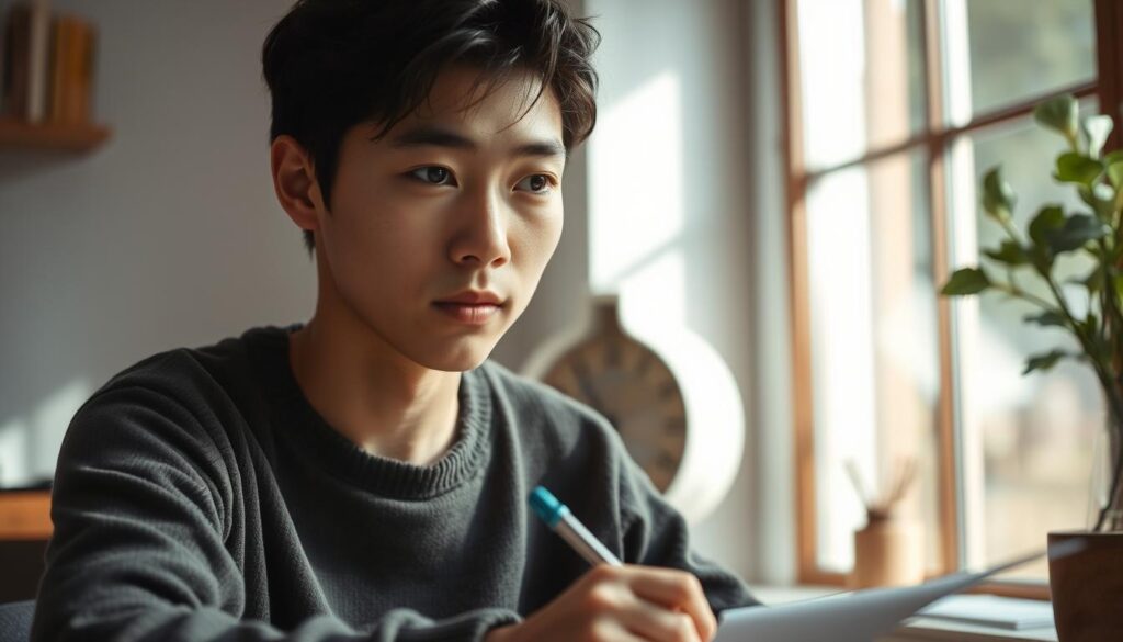 A serene, well-lit scene showcasing a thoughtful young Japanese individual with an introspective gaze. Set against a backdrop of a cozy, minimalist study, the subject appears deeply engaged in writing, their expression conveying a sense of intellectual focus and creative flair. Soft natural light filters through a nearby window, casting a warm, contemplative atmosphere. The composition emphasizes the subject's poise and attention to detail, hinting at the qualities that might make them an effective columnist - a keen observer, a compelling storyteller, and a discerning thinker.