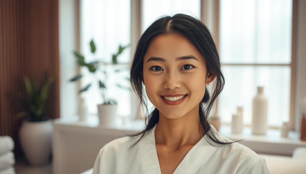 A serene, well-lit spa setting with a young, professional-looking Japanese esthetician at the center. The esthetician has a warm, inviting expression and a calm, caring demeanor, conveying their suitability for the role. The background features minimalist, high-end decor with natural elements like potted plants, creating a relaxing, tranquil atmosphere. Soft, diffused lighting from windows highlights the esthetician's features and the spa's luxurious ambiance. The composition emphasizes the esthetician's poise, attentiveness, and dedication to their craft, reflecting the ideal personality and skills for the profession.