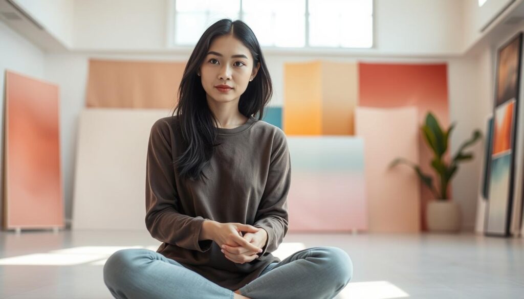 A serene, well-lit studio filled with natural light and soft pastel tones. In the foreground, a young Japanese woman with a calm, thoughtful expression sits cross-legged, her hands resting gently on her lap. Her ebony hair frames her face, and her gentle gaze conveys a sense of inner peace and focus. In the background, abstract color swatches and gradients create a soothing, meditative atmosphere, hinting at the woman's aptitude for color therapy. The scene is captured with a wide, cinematic lens, emphasizing the tranquility and balance of the space.
