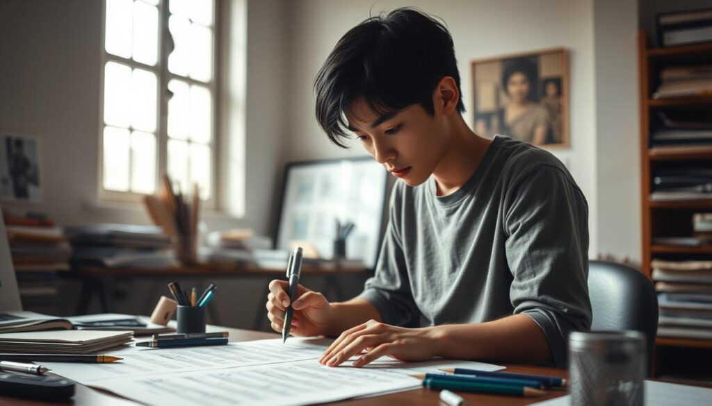 A serene, well-lit studio filled with the tools of the trade - pens, sheets of music, and a focused young musician meticulously crafting a musical score. The model, a youthful, black-haired Japanese individual, sits at a desk, their gaze intent as they pour their heart and skill into their work. Soft, natural lighting filters in through large windows, casting a warm, contemplative atmosphere. The background is uncluttered, allowing the subject and their craft to take center stage, showcasing the dedication and attention to detail required to succeed as a professional copyist.