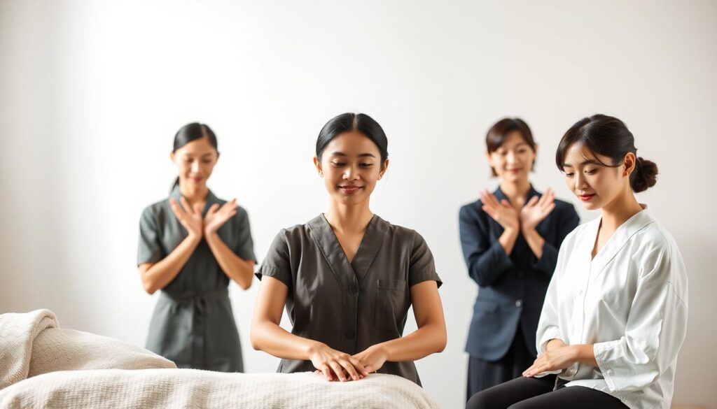 A serene, well-lit studio setting featuring three young, Japanese-looking models displaying the key qualities required of a skilled あん摩マッサージ指圧師. The models exude a calm, attentive presence, with a focus on their hands, posture, and facial expressions that convey patience, empathy, and a deep understanding of the human body. The lighting is soft and diffused, creating a soothing, professional atmosphere. The background is uncluttered, allowing the models' actions and presence to take center stage, showcasing the poise, sensitivity, and technical expertise essential for this specialized field of massage therapy.