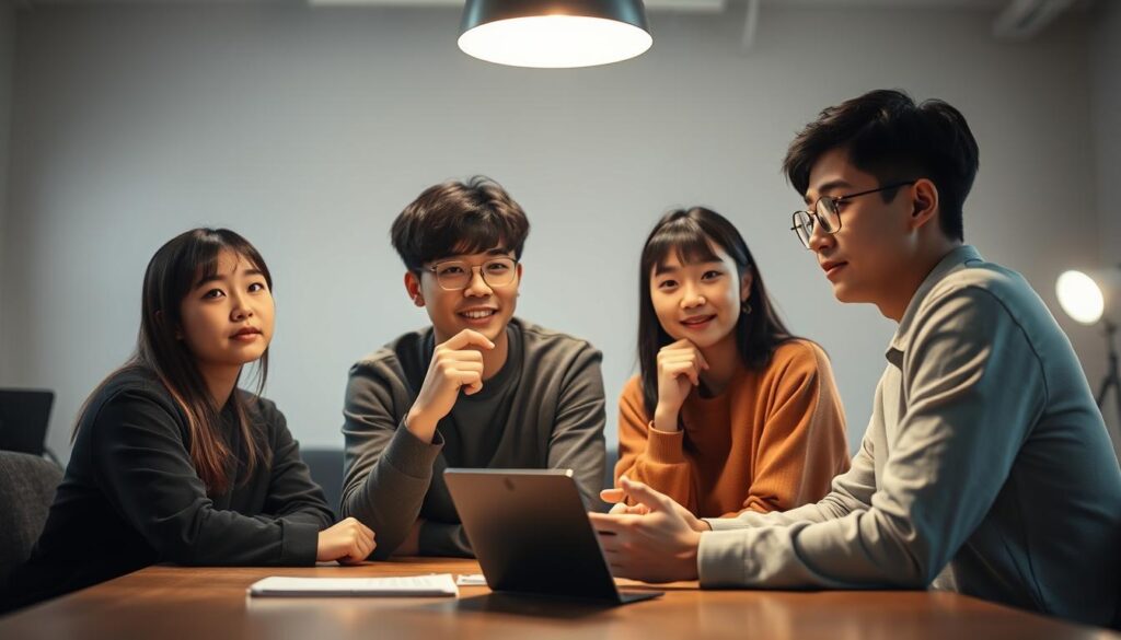 A serene, well-lit studio setting with a group of young, Japanese-looking YouTubers sitting around a table, engaged in deep discussion. Soft lighting from above casts a warm glow, highlighting their focused expressions and thoughtful poses. The background is blurred, drawing the viewer's attention to the central figures. The composition emphasizes the collaborative nature of their work, with each individual contributing unique qualities - creativity, charisma, technical expertise - that come together to form the essential skills of a successful YouTuber.
