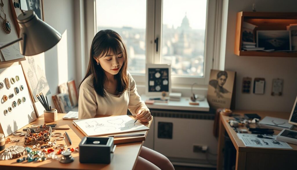 A serene, well-lit studio setting with a young, Japanese-looking model sitting at a workbench. Their expression is focused and thoughtful as they carefully sketch jewelry designs, surrounded by an array of gemstones, tools, and inspiration boards. The lighting is soft and natural, highlighting the model's deft movements and attention to detail. In the background, a window provides a glimpse of a picturesque cityscape, hinting at the model's creative inspirations. The overall mood is one of quiet concentration and artistic passion, capturing the essence of a skilled jewelry designer at work.