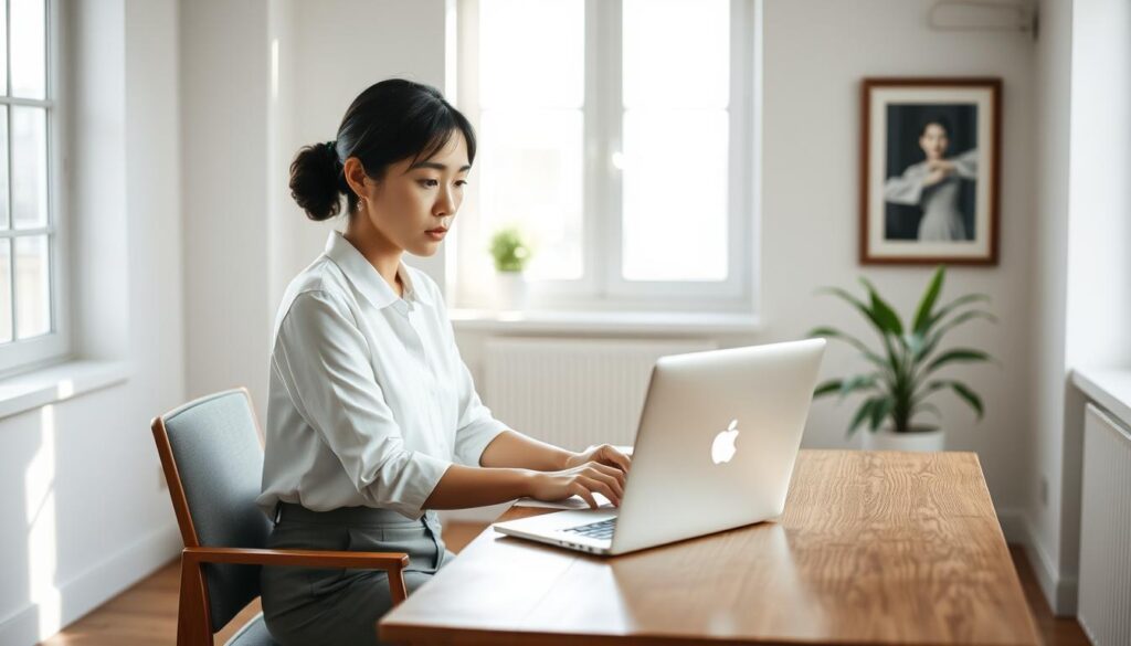 A serene, well-lit studio setting with a young Japanese woman sitting at a minimalist wooden desk, focused intently on her laptop. Her expression is thoughtful, as she contemplates her next column. Soft natural lighting filters in through large windows, casting gentle shadows. The background features a few tasteful decorative elements, such as a potted plant and a framed artwork, creating a calming, professional atmosphere. The woman's posture and attire - a crisp white blouse and smart casual trousers - convey a sense of discipline and dedication to her craft as a columnist.