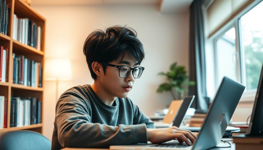 A serene, well-lit study space with a young Japanese-looking programmer deeply engrossed in coding on a sleek laptop, their expression radiating focus and determination. Bookshelves line the walls, with a large window providing natural illumination. The atmosphere is one of intellectual curiosity and dedication, capturing the essence of the learning process for aspiring programmers.