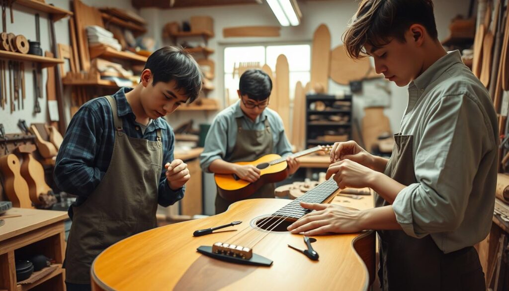 A serene workshop filled with the tools and materials of instrument craftsmanship. Three skilled artisans, their faces handsome and youthful in the warm studio lighting, intently carve, sand, and assemble the various components of a beautiful guitar. Finely-grained wood, gleaming metal hardware, and the focused expressions of the craftspeople create an atmosphere of precision, dedication, and the pride of mastering a traditional trade. The scene conveys the dedication, technical expertise, and artistry required to earn the prestigious "楽器製作資格" certification.