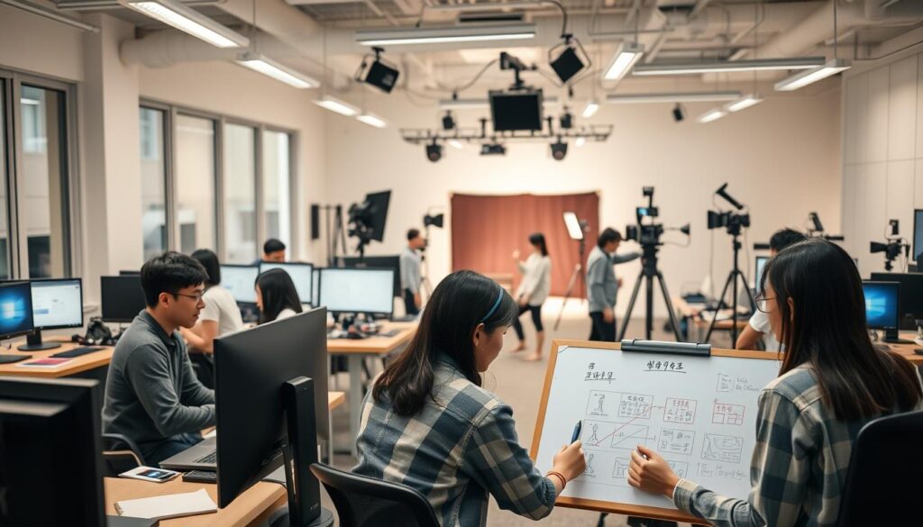 A serene workspace filled with young, focused Japanese-looking individuals collaborating on a dynamic video production workflow. The scene depicts a well-lit, modern office setting with rows of desks, computer screens, and video editing equipment. In the foreground, a small group engages in animated discussions, sketching ideas on a whiteboard. The middle ground showcases one person carefully reviewing footage on a high-resolution monitor, while others meticulously arrange lighting and camera setups. The background reveals a production studio with professional-grade cameras, microphones, and a backdrop, hinting at the technical complexity of the video creation process. The overall atmosphere conveys a sense of collaborative creativity and a shared dedication to crafting compelling visual content.