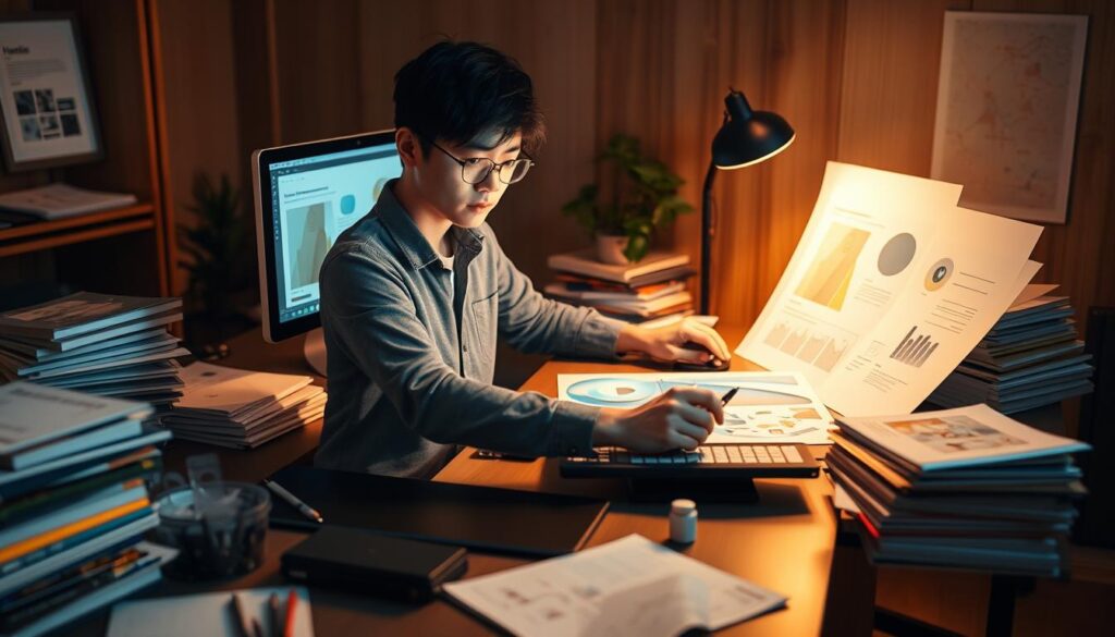 A serene workspace where a skilled graphic designer commands the digital canvas, surrounded by the tools of their craft. The sleek desk hosts a state-of-the-art computer, stylus, and tablet, while stacks of reference materials and sketches hint at the creative process. The designer, a young Japanese professional with a focused gaze, effortlessly manipulates shapes, colors, and typography, bringing their artistic vision to life. Warm, directional lighting accentuates the designer's concentration, casting subtle shadows that add depth and dimension. The overall atmosphere exudes a sense of calm proficiency, reflecting the technical mastery and artistic sensibilities required for this dynamic profession.