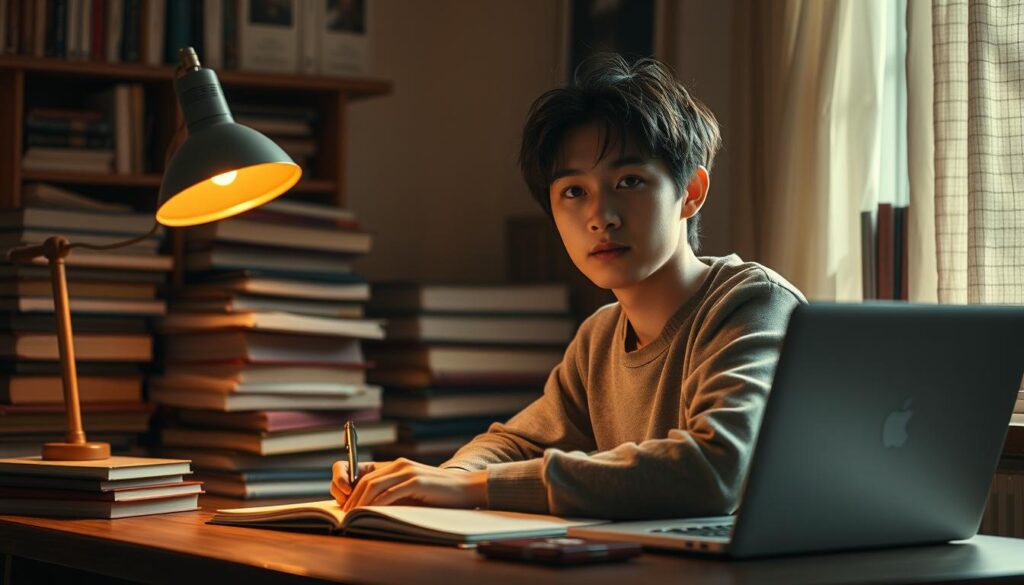 A serene workspace with a young Japanese-looking writer sitting at a wooden desk, illuminated by a warm reading lamp. Piles of books and a laptop computer suggest a productive writing session. The writer's face expresses a contemplative, slightly wistful expression, hinting at the creative process behind fantasy literature. The warm lighting and muted tones convey a cozy, intellectual atmosphere, reflecting the nuanced income model of a fantasy author - a balance of royalties, advances, and diverse revenue streams. The scene captures the essence of the fantasy writing profession with an air of introspection and quiet focus.