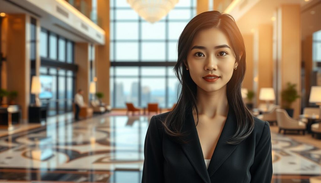 A serene yet ambitious scene showcasing the career growth of a young, Japanese-looking grand hostess. In the foreground, she stands poised and confident, her black hair framing a delicately beautiful face. The middle ground reveals a polished hotel lobby, with gleaming marble floors and elegant furnishings hinting at the prestige of her profession. In the background, a panoramic cityscape hints at the boundless opportunities that await her as she climbs the ranks. The lighting is soft and warm, creating an atmosphere of professionalism and success. Captured with a wide-angle lens to emphasize the grand scale of her aspirations, this image embodies the promise of a fulfilling and prestigious career as a grand hostess.