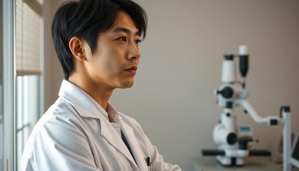 A serene yet determined Japanese professional, dressed in a crisp white lab coat, stands at a crossroads, contemplating their next career move. Soft lighting highlights their thoughtful expression as they gaze out a window, surrounded by sleek medical equipment and subtle hints of an optometry office. The scene conveys a sense of introspection and optimism, capturing the essence of a career transition for an optometrist. Photorealistic, natural tones and a focus on the subject's face create an intimate, relatable atmosphere.