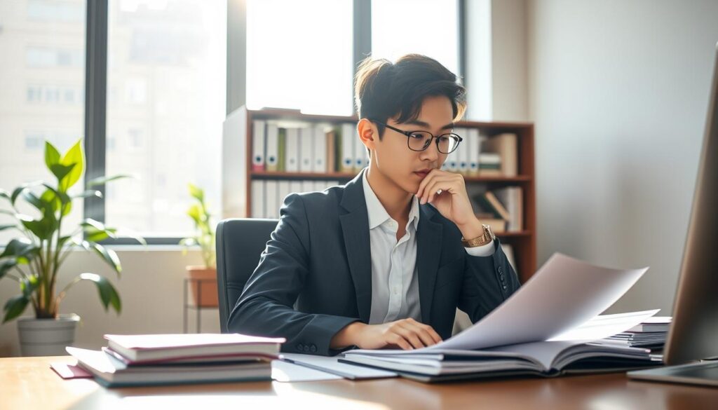 A serene yet dynamic office setting, featuring a young Japanese-looking social worker sitting at a neatly organized desk, deep in thought. Sunlight streams through the large window, casting a warm glow on the worker's face as they review documents and case files. In the background, a bookshelf filled with reference materials and a potted plant add a touch of professionalism. The worker's attire is smart and polished, conveying a sense of dedication and expertise. The overall mood is one of quiet contemplation, reflecting the thoughtful and empathetic nature of the social worker's vital role.