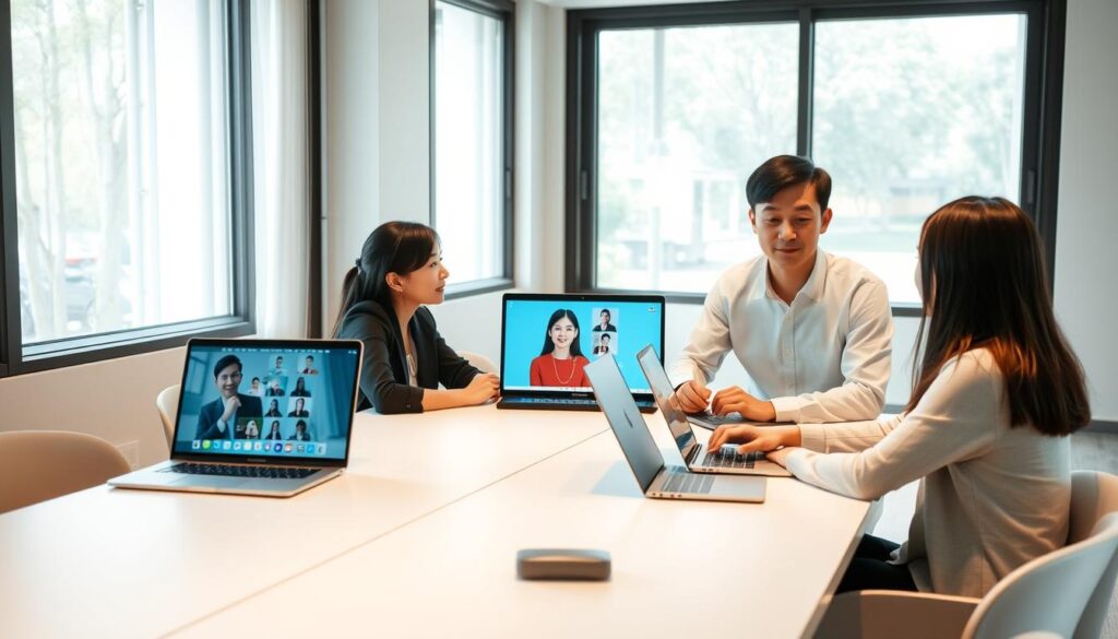 A serene yet focused online meeting, with sleek laptops and digital screens showcasing collaboration tools. Three young, professional-looking Japanese individuals sit around a minimalist table, engaged in a thoughtful discussion. Soft natural lighting filters through large windows, creating a calm, productive atmosphere. The scene emphasizes the seamless integration of technology and human connection, capturing the essence of effective online facilitation.