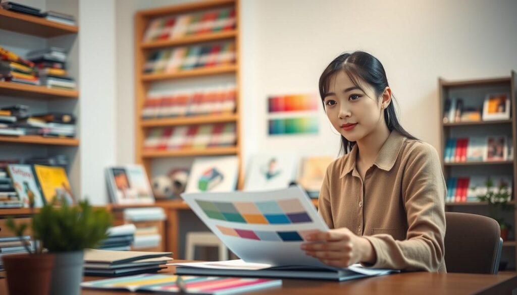 A serene yet focused scene depicting the process of obtaining a color coordinator certification. In the foreground, a young Japanese woman with a thoughtful expression sits at a desk, carefully reviewing course materials and sketching color palettes. Soft, warm lighting illuminates her face, conveying a sense of dedication and determination. In the middle ground, shelves filled with color swatch books and design magazines hint at the breadth of knowledge required. The background features a clean, minimalist workspace, emphasizing the professional and academic nature of the pursuit. An atmosphere of quiet concentration and artistic exploration pervades the scene, capturing the essence of the "カラーコーディネーター資格取得" journey.