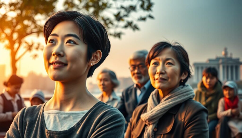 A serene yet purposeful scene depicting the promising future and societal value of social workers. In the foreground, a young Japanese-looking social worker listens attentively, their warm expression conveying empathy and dedication. The middle ground features diverse individuals - families, the elderly, and those in need - seeking guidance and support. In the background, a softly lit urban landscape suggests the broad reach and impact of the social work profession. Crisp lighting, a shallow depth of field, and a natural, documentary-style aesthetic capture the meaningful human connections at the heart of this vital community role.
