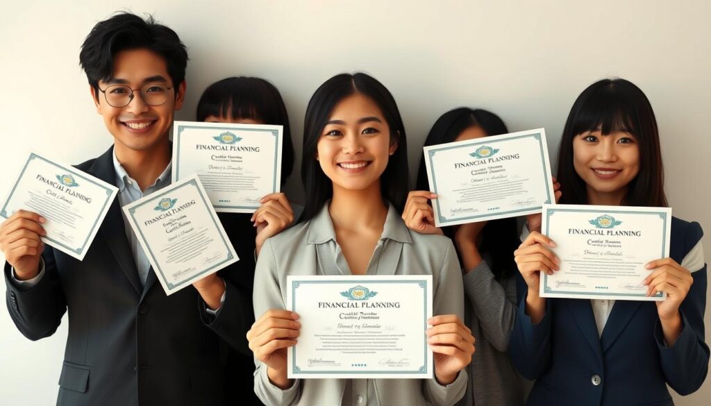 A set of young, Japanese-looking individuals with black hair, posed against a clean, minimalist background. They each hold up a different type of financial planning certification, capturing the variety of FP qualifications available. The lighting is soft and natural, creating a professional yet approachable atmosphere. The angles showcase the certifications prominently, allowing the viewer to clearly see the distinct credentials. The overall scene conveys the importance and diversity of financial planning qualifications in a visually engaging manner.