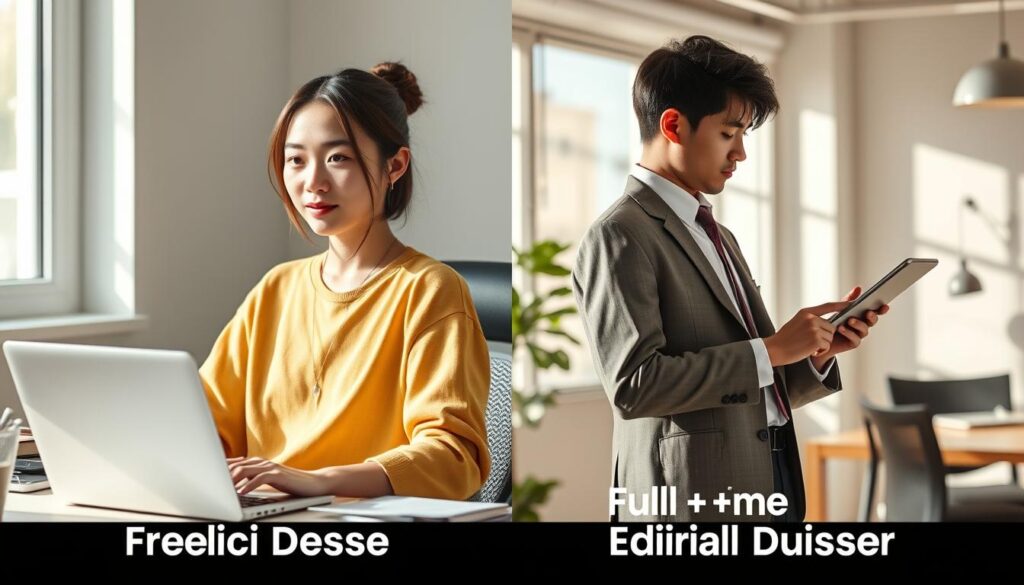 A side-by-side depiction of a freelance editorial designer and a full-time employed editorial designer, both with a youthful, Japanese-inspired appearance. The freelancer sits casually at a desk, laptop open, while the employee stands formally in an office setting, contemplating design work on a tablet. Soft, natural lighting illuminates the scene, creating a serene, professional atmosphere. The contrasting poses and work environments highlight the differences in lifestyle and autonomy between the two career paths.